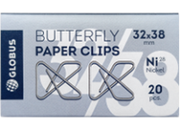 Скрепки - 32мм. 20шт. GLOBUS бабочки никелированные серебро карт. упак.(Глобус)