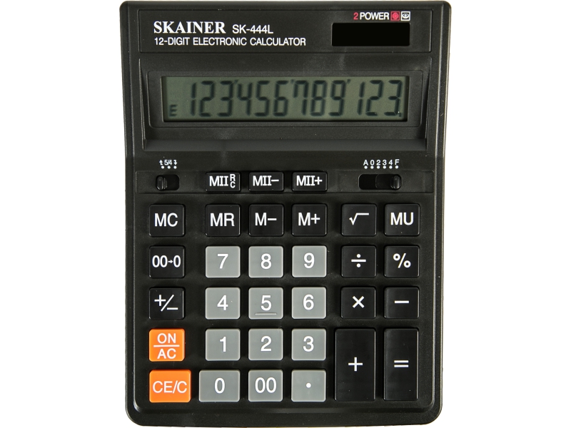 Калькулятор - 12раз. "SKAINER" SK-444L черный (пл.. 12 разрд.. 2 пит.. 2 пам.. 157 x 200 x 32 мм) (SKAINER)
