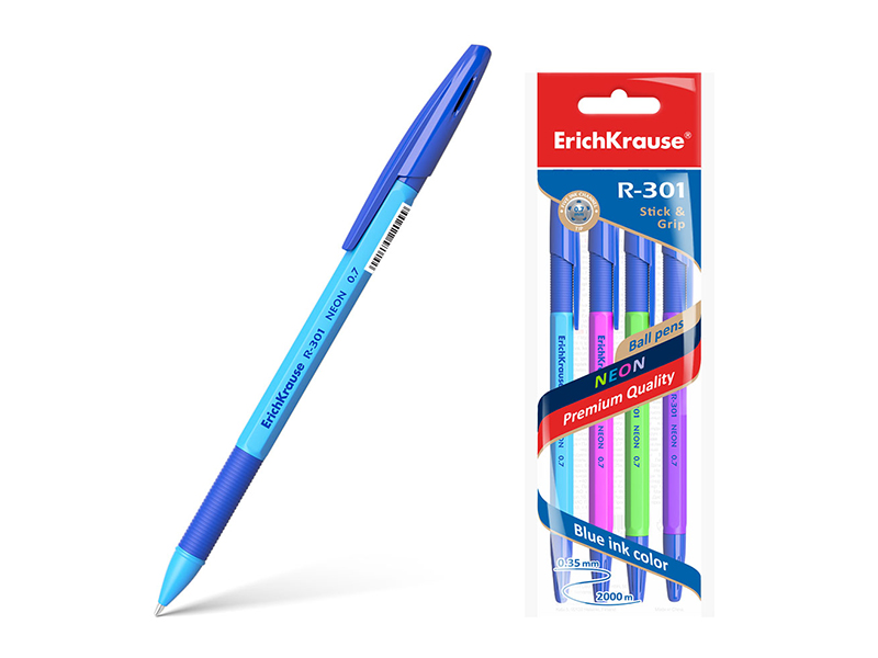 Ручка шариковые в наборе -  1цв.4шт. синий стержень 0.7мм. "R-301 Neon Stick&Grip" (ErichKrause)