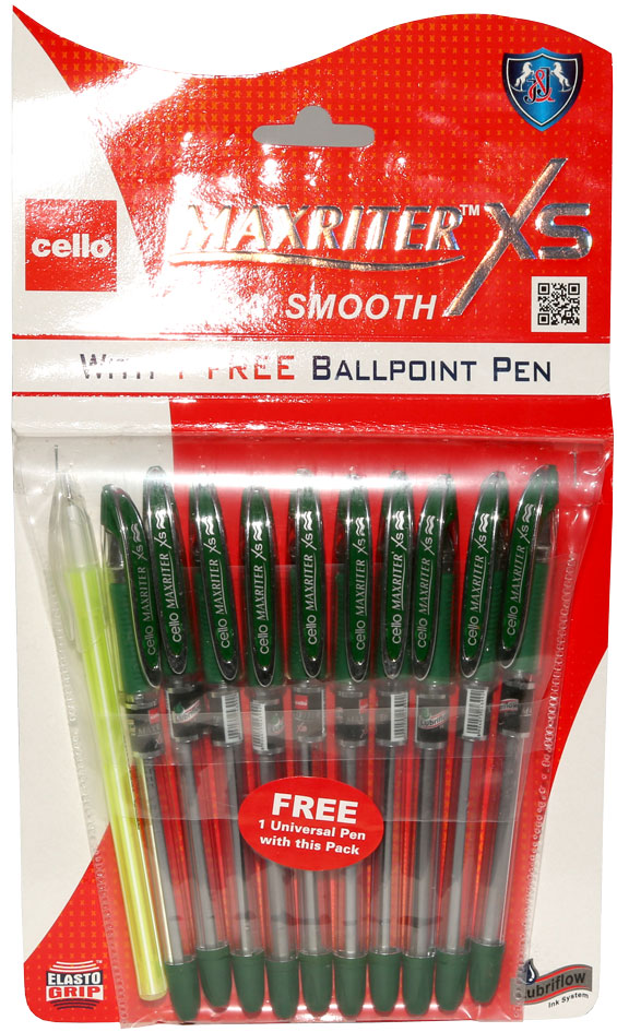 Ручки шариковые в наборе -  1цв.10шт.(Акция+1) зеленый стержень"Cello Maxriter XS" (J&J Marketing)