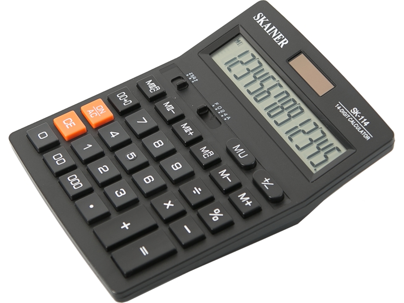 Калькулятор - 14раз. "SKAINER" SK-114 черный  (пл.. 14 разрд.. 2 пит.. 2 пам.. 140 x 176 x 45 мм) (SKAINER)
