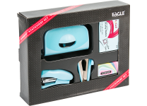 Степлер-набор (степлер №10 +скобы + дырокол+ антистеплер + бумага д/заметок с клеевым краем) бирюзовый в подарочной коробке (EAGLE)