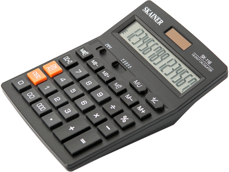 Калькулятор - 16раз. "SKAINER" SK-116 черный (пл.. 16 разрд.. 2 пит.. 2 пам.. 140 x 176 x 45 мм) (SKAINER)