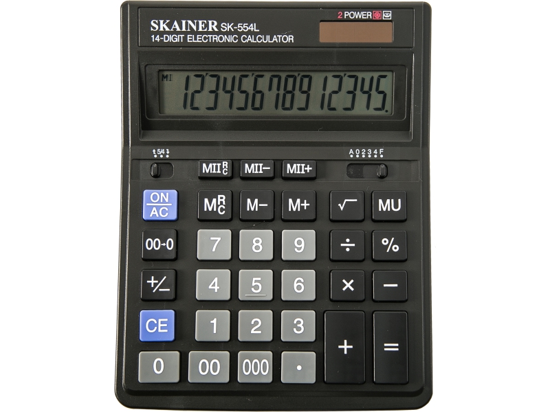 Калькулятор - 14раз. "SKAINER" SK-554L черный (пл.. 14 разрд.. 2 пит.. 2 пам.. 157 x 200 x 32 мм) (SKAINER)