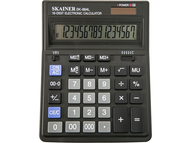 Калькулятор - 16раз. "SKAINER" SK-664L черный (пл.. 16 разрд.. 2 пит.. 2 пам.. 157 x 200 x 32 мм) (SKAINER)