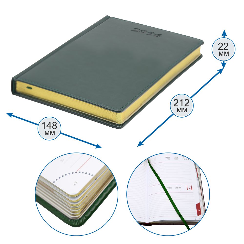 Ежедневник датированный - 2026г. А5 зеленый "SIDNEY NEBRASKA" срез золотой (GSF)