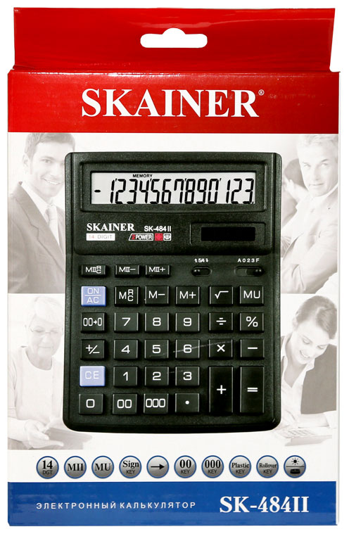 Калькулятор - 14раз. "SKAINER" SK-484II черный (пл.. 14 разрд.. 2 пит.. 2 пам.. 143 x 192 x 39.5 мм) (SKAINER)