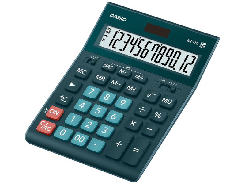 Калькулятор - 12раз. "CASIO" GR-12C-DG-W-EP зеленый (12 разрд.. 2 питание. 2 память. 155 x 210 x 33 мм) (АК Цент)
