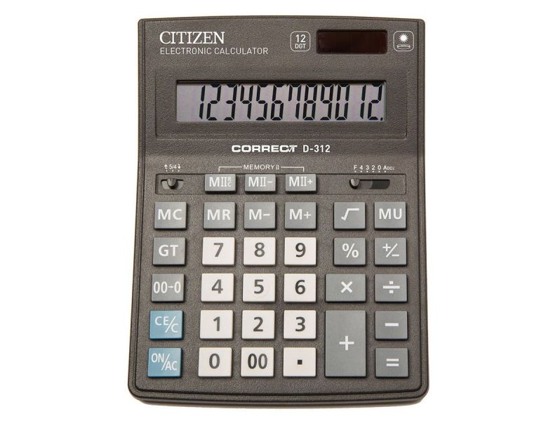 Калькулятор - 12раз. "CITIZEN-Correct" D-312-RU черный (12 разрд.. 2 пит.. 2 пам.. 200 x 157 x 35 мм) (CBM)