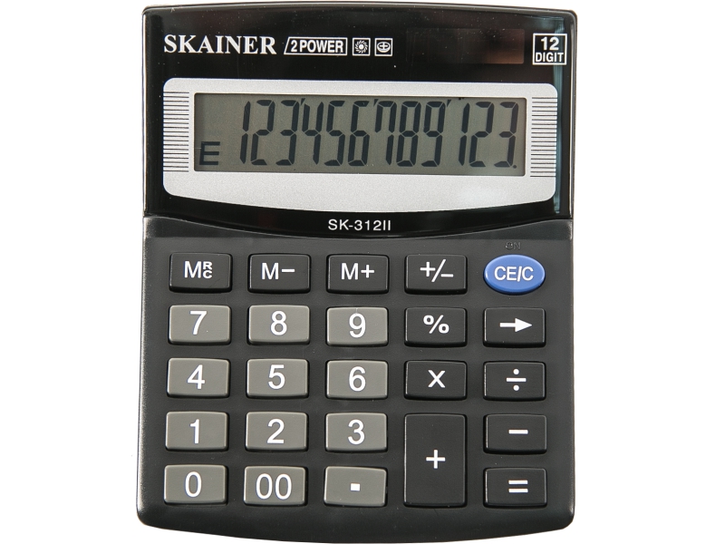 Калькулятор - 12раз. "SKAINER" SK-312II черный (пл.. 12 разрд.. 2 пит.. 100 x 124 x 32 мм) (SKAINER)