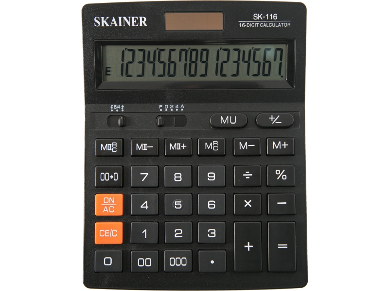 Калькулятор - 16раз. "SKAINER" SK-116 черный (пл.. 16 разрд.. 2 пит.. 2 пам.. 140 x 176 x 45 мм) (SKAINER)