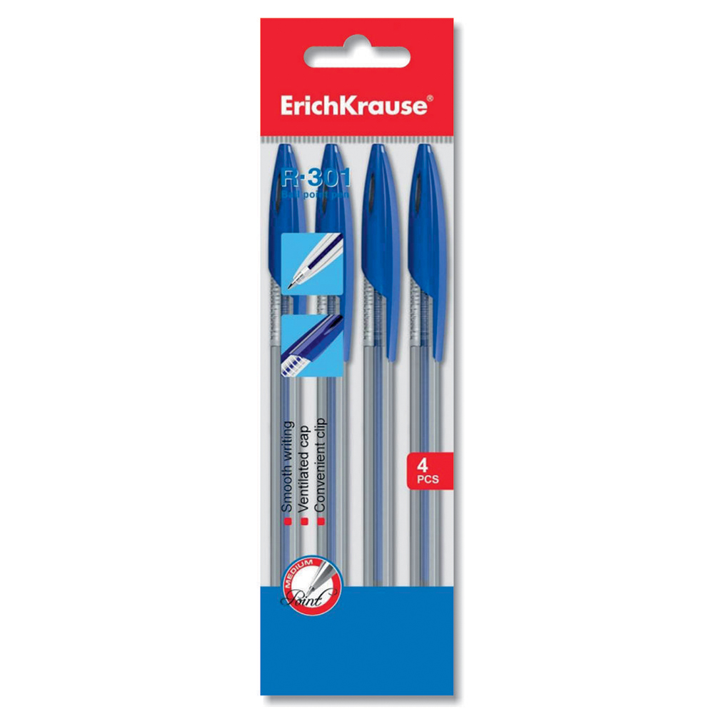 Ручки шариковые в наборе -  1цв.4шт. синий стержень "R 301" 1.0 мм. (ErichKrause)